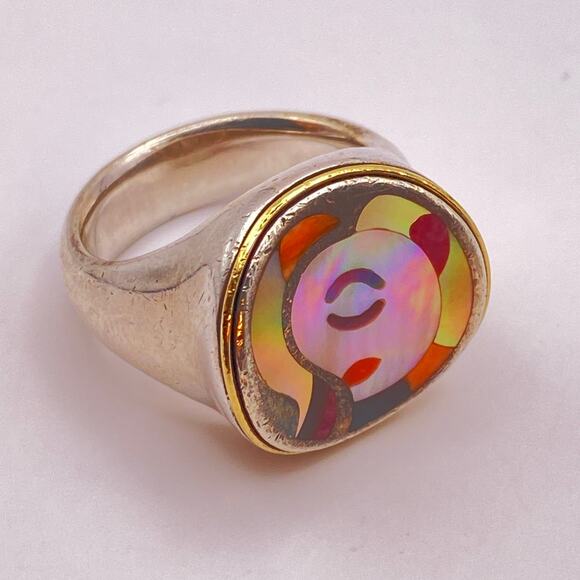 ERIC GROSSBARDT PICASSO Ring 18K Solid Gold 925 Sterling Inlaid MOP - Size 7 1/2 - Picture 6 of 14